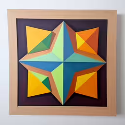 the large square painting with the star in the center is on a wall,an image of a modern artwork of a star,a painting with bright colors on a wall,a square piece with an origami like design,an art work depicting a star and two blocks of paper in brown, blue and yellow
