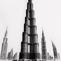 black and white photograph of people looking at a tall structure