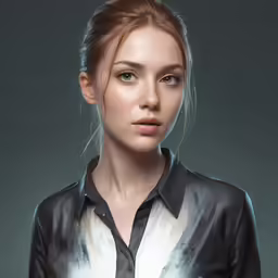 a girl with blond hair is wearing a black leather shirt