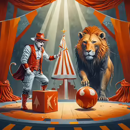 two circus elephants and a lion on a stage