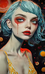 a drawing of a woman with blue hair, orange eyeliners and makeup