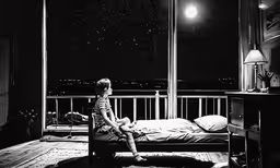 girl sits on bed in the dark looking outside,a girl sits on her bed as she looks out a window at night
