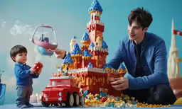 a boy plays with a toy castle next to a man