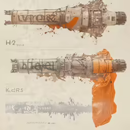 two images of a large propeller in orange paint