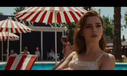 a woman sitting in front of a pool