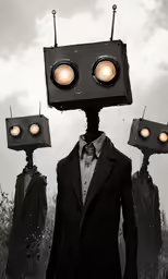 a man standing with three robot heads on his head
