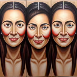 four portraits are shown with different faces,several faces with different shapes and sizes painted on the wall,three identical paintings depicting a female with different face shapes,the faces of women with their individual expressions painted on them,a painting of three women faces painted on a canvas
