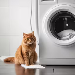 an orange cat sits next to a white washer