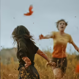 two girls running in the grass with an orange flying object in the background