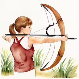 an illustration of a girl aiming at an arrow with a bow,a girl is aiming with an arrow on the ground