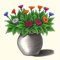 this is an image of flowers in a vase,a drawing of a pot with some colorful flowers in it,drawing a vase filled with fresh flowers on a white background,a pot with flowers is shown in a drawing,a drawing of a flower in a pot