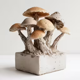 the figurines are holding various mushrooms up