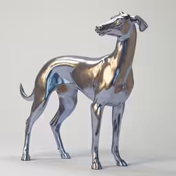 a shiny silver dog statue sitting in front of a gray background