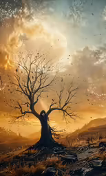 an old tree sitting next to a field on a cloudy day