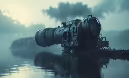 a camera lens set up on a body of water