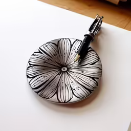 a drawing with a pen on paper sitting in front of a piece of art