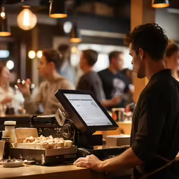 man working at restaurant cash register with a tablet