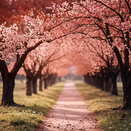some trees that are blossoming are in the grass