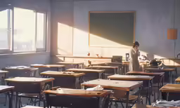 a woman working in an empty classroom with no student