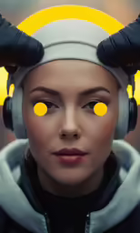 a woman wearing headphones with large yellow eyes