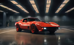a red sport car parked in an underground garage