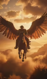 the person is riding a horse with wings outstretched