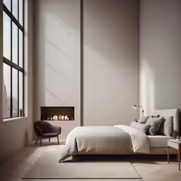 a bedroom with a bed and a fireplace