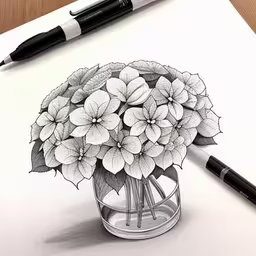 drawing a vase with white flowers with marker,a drawing of a bunch of flowers in a vase