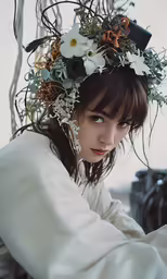 a woman sitting down with a flower crown on her head