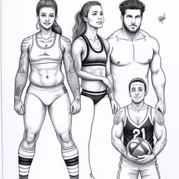 two men and a woman are standing in front of each other,a drawing of an ad for an underwear line,two couples standing and holding a basketball,a black and white drawing of an illustration of three men and women,the cast of bayley