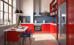 a kitchen area with a table and colorful chairs