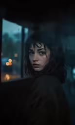 the woman stands on the side of a bus in the dark