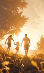 three people holding hands as they walk through the grass