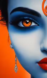the woman is wearing blue and orange makeup