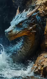 a dragon is in the water near the shore