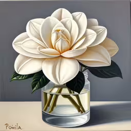 a painting of a flower in a vase,a painting of a white flower in a vase