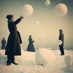 a group of people in the snow with bubbles flying