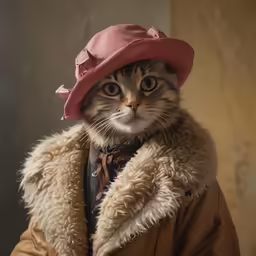 a cat wearing a coat and hat is in a room