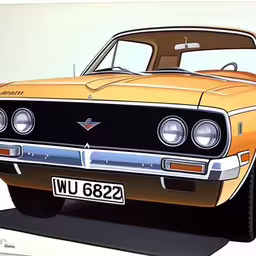 a very nice looking yellow vintage car on the road,a brown and white car is shown with the hood up