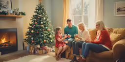 three adults and a child are sitting in a room by a christmas tree