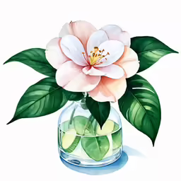 watercolor painting of white and pink flower in vase with green leaves