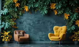 two chairs are in front of a wall with plants