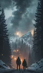 two people walking through the snow in a mountain setting
