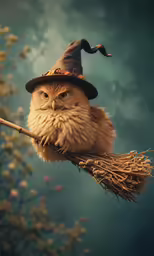 an owl wearing a hat sits on a tree branch