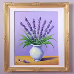 a painting on a wall of a pot with lavender flowers