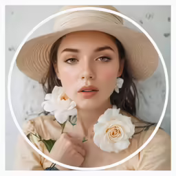 a woman in a hat holding flowers while posing
