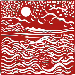 the ocean is red and white with waves, circles and circles