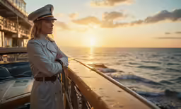 a woman in a military uniform standing on a boat watching the sunset