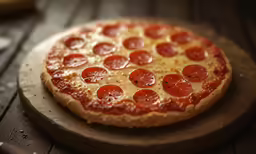 a pepperoni pizza is shown on a wooden board