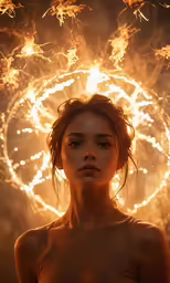 a girl in a dress standing near a big fireworks ring